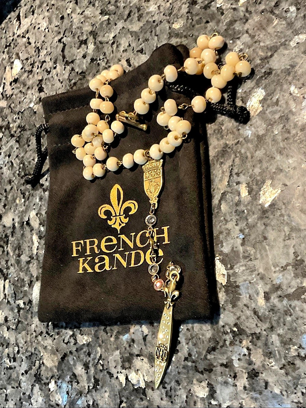 French Kande Sword & Crown Pendant Beaded Necklace Gold & Cream